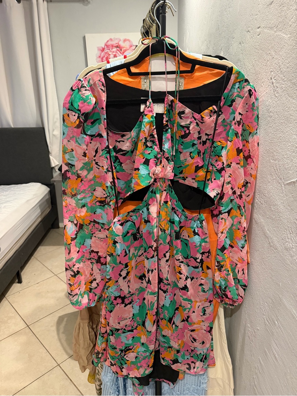 Charlotte Tilbury Pink, Green & Black Floral Mini Dress